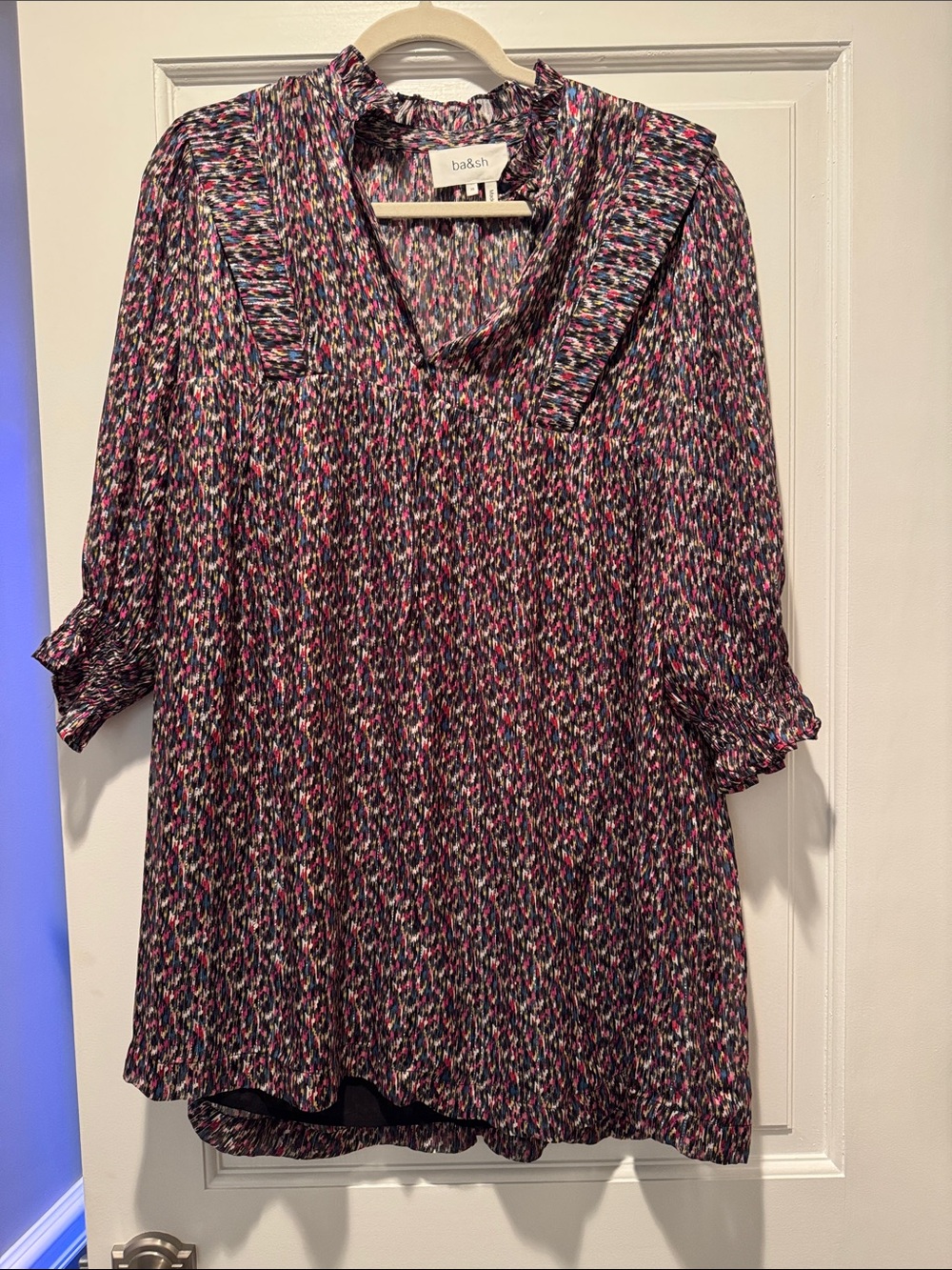 ba&sh Multicolor Ruffle V-Neck Tunic — Navy, Pink, White